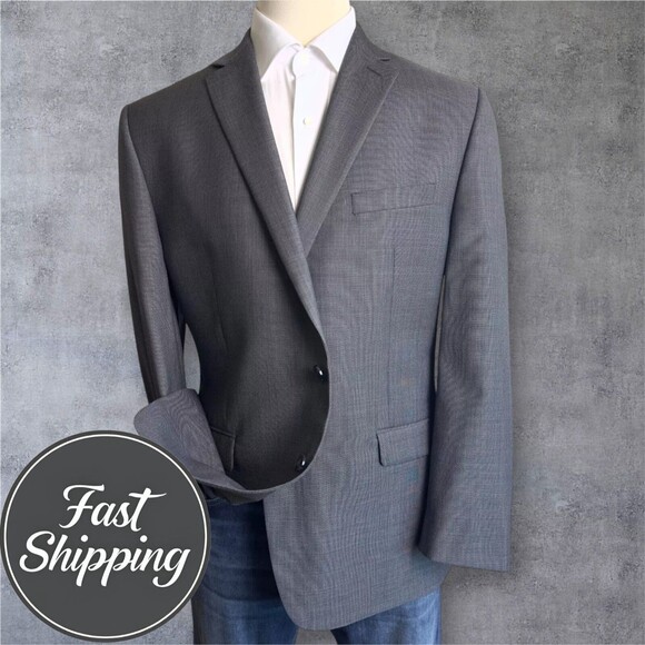 CALVIN KLEIN Men's 44R Slim Fit Gray Wool Blazer Sport Coat Two Button Jacket - Picture 1 of 11